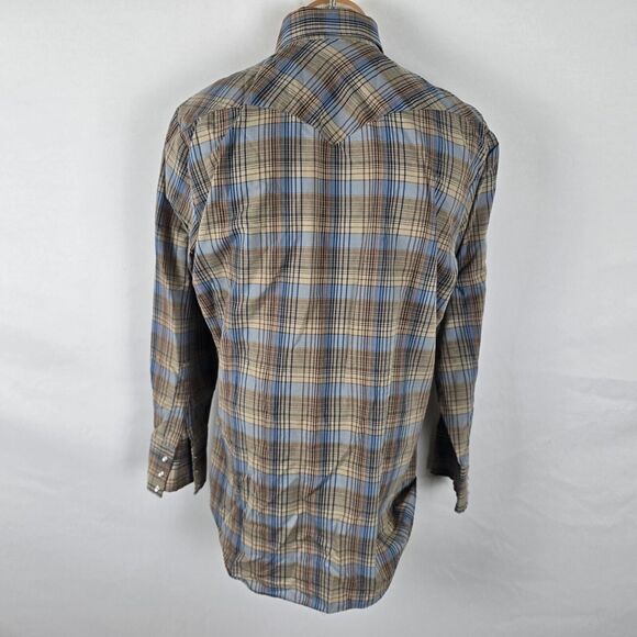 ATB Authentic Western Shirt Men 16 32/33 Brown Blue Plaid Snap Down - Picture 4 of 16